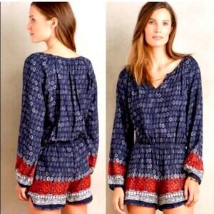 Anthropologie Lilka Long Sleeve Blue Medallion Print Romper